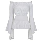 Piratenbluse Damen Mittelalter Kleidung Bluse Trompetenärmel Kostüm Gothic T-Shirt Tops elegant sexy Vintage RETR Halloween Cosplay Weiß S