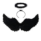 YeahBoom Engelsflügel Schwarz,60CM Engel Kostüm Damen mit Heiligenschein und Zauberstab, Flügel,Schwarz Mädchen, Deko,Federflügel, Flügel Kostüm