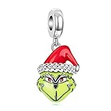 Annmors Grün Monster Charm Anhänger mit Weihnachtsmütze 925 Sterling Silber Weihnachtsmann Charm Perlen für Armband Halskette Weihnachts Schmuck Geschenk