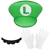 LUKIUP 3 Stück Mario Mütz, Mario und Luigi Mütze, Mario Hat Grün im Komplettset Mit weißen Handschuhen und Klebe-Bärten, Erwachsene Outfit für Weihnachten Karneval Faschingskostüme (Grün)