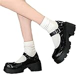 tinetill Damen Mary Jane Schuhe Schwarz Schnallenriemen Runde Zehen Wohnungen Flacher Mund Süße Lolita Prinzessin Schuhe Plattform Gothic Retro Schuhe