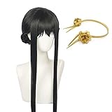 Anime SPY×FAMILY Yor Forger Cosplay Perücke Lang schwarz Halloween Party Perücken für Frauen und Mädchen (Perücke und Stirnband)