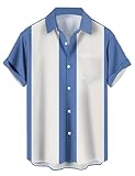 Bowling-Shirts für Herren, Vintage-Stil, 1950er-Jahre, lässig, kurzärmelig, Knopfleiste, kontrastierendes Hemd, Sommer, Farbblock, kubanische Hemden, blau/weiß, L