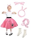 BIQIQI 1950er Rosa Pudelrock aus den für Mädchen, mit 50er Kostümzubehör, Gepunktetem Haarband, Seidenschal, Brille, Socken, Retro Kostüm für Mädchen 4–12 Jahren (M)