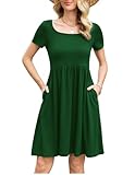 Zeagoo Damen Sommerkleid Kurzarm Freizeit Kleid Rundhals Midikleid Einfarbig Strandkleid Elegant Grünes Midi Kleid Lose A-Linie Knielang Kleider mit Tasche Grün XXL