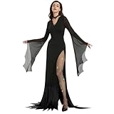 Ulikey Morticia Addams Kleid, Halloween Kostüm Damen, mit Weiße Diamantnetzstrümpfe mit Halskette, Bodenlanges Kleid Schwarz Hochgeschnitten, Adams-Familienkostüm Cosplay Halloween Karneval Party (M)