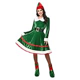 Xeadoffubio Damen Weihnachtskleid 2 Teiliges Weihnachtselfen Kostümset Samtkleid+Gürtel Elf Cosplay Set Weihnachten Party Club Kostüm