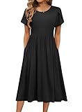 Hotouch Sommerkleid Damen Freizeit Kleider Einfarbig Rundhals Strandkleid Kurzarm Midi Kleid Lose A-Linie Kleider mit Tasche S-XXL Schwarz L