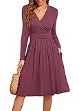 Actcat V-Ausschnitt Pullover Kleid Langarm Casual Kleider Herbst Kleid Floral Party Kleid mit Taschen herbstkleid Damen Winterkleider Damen Festliche Kleider für Damen weihnachtskleid Mauve XL