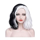AMOBON Karneval Cruella Perücke Schwarz und Weiß, Anime Cosplay Perücken für Cruella Deville Kostüm, Damen Mittellange Lockige Haare Bob Wig für Fasching Carnival Motto Party (A)