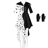 Karneval Kostüm Damen, Cruella Deville Kostüm Kleid Cosplay, Schwarzer und Weißer Dalmatiner Fleck Kleid Partnerkostümen Karneval (M)