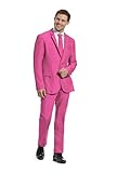 OFFSTREAM Herren Party Kostüm - 2 Stück Einfarbig Outfit für Halloween, Karneval, Fasching Party mit Jacke, Hose & Krawatte - Pink