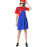 VISVIC Cosplay Kostüm Super Brothers Klempner, Kostüm mit Bodysuit, Cap und Schnurrbart, Karneval Halloween Cosplay Kostüm für Herren Damen Junge Mädchen Kinder, Damen Rot, S