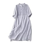 Damen Kleid, Loses Damen-Baumwoll-Leinen-Kleid, Sommer, Kurzarm, Brust, Plissee, Hemdkleid, Knopfleiste Mit Tasche, Boho Für Party, Bankett, Strandurlaub,Blau,XXL