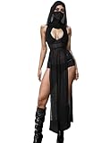 Aucute Damen Sexy Durchsichtiges Gothic Kleid mit Kapuze, Kragen Hals ärmelloses Halloween Kostüm EDM Festival Rave Outfit Schwarze, L