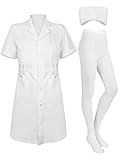 Hercicy 3-teiliges Set, weiß, kurzärmelig, professionell, medizinisch, für Krankenschwestern, Hut, Stirnband, Krankenschwestern, Kappe, einfarbig, mit Fuß, Strumpfhose, Kostüm für Frauen (M)