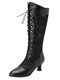 COOLCEPT Damen Vintage Viktorianische Stiefel Schnüren Kniehoch Stiefel Almond Toe Black Große 40