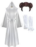 Yanny Mädchen Prinzessin Leia Weiß Kleid Kapuze Robe Frauen Leia Kostüm Erwachsene Halloween Outfit Full Set mit Gürtel (White - Women, X-Small)