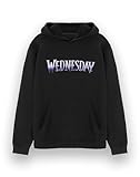 Wednesday Damen Kapuzen-Sweatshirt Addams Classic Kapuzenpullover mit lila Logo und Grafik für Damen in Schwarz | Netflix Serie Eins Merchandise Kapuzenpullover für Erwachsene