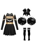 Jowowha Mädchen Cheer Leader Cheerleading Kostüm Langarm Crop Tops mit Rock Pompoms Socken Halloween Kostüm Karneval Fasching Party Schwarz&Weiß 134-140