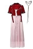 cultofmoon Aerith Cosplay Kleid mit Jacke FF7 Cosplay Aerith Outfit Rot Jacke Rosa Kleid Leder Halskette Set Anime Cosplay Halloween Karneval Kostüm