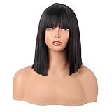 MapofBeauty 12 Zoll/30 cm Gerade Bob Mit Flat Pony Kurze Bunt Synthetische Haarfasern Cosplay Partys Perücke (Schwarz)