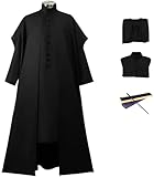 Foanja Snape Kostüm Herren Magische Akademie Zauberer Severus Snape Uniform Anzug Tunika und Futter mit Zauberstab für Halloween Karneval Geburtstag Party Maskerade Fancy Verkleidung Costume, Schwarz