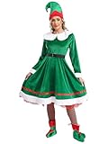 FEESHOW Damen Weihnachtself Kostüm Kleid Wichtelmütze Elf Schuhe Strümpfe Set Erwachsene Karneval Weihnachtskostüm Party Cosplay Outfit Grün 3XL