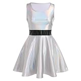 Damen Holographic Glitzer Wetlook Rock Kleid Metallic Skater High Waist Faltenrock Minikleid Damen Halloween Fasching 80er Cartoon Animation Cosplay Kostüm Festival Party Outfit Silber L