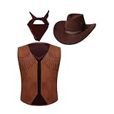 Yeahdor Kinder Jungen Cowboy Kostüm Set Ärmellos Cowboy Braune Weste + Cowboy Hut + Bandana Tanzkostüm Bühnenauftritte Cosplay Party Verkleidung Braun 134-140