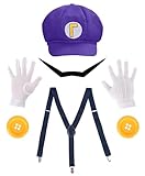 PIIDUOO Super Brothers Halloween Kostüm für Erwachsene - Hut Schnurrbärte Handschuhe Zubehör für Herren Halloween Cosplay, Violett