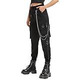 MEINVQIAOTI Schwarze Cargo-Hose für Damen, Techwear, Damen, lockerer Street Rock-Stil, legere Schwarze Hose mit Kette im Gothic-Stil, schwarz, Groß