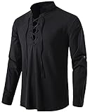 DUOLUVA Mittelalter Kostüm Herren Slim Fit Sommerhemd Männer Langarm für Strand Urlaub Schwarz XL