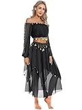YiZYiF Damen Kostüm Bauchtanz Pailletten Langarm Top Maxirock Set Halloween Karnevalskostüm Indisches Tanzkostüm Inderin Tänzer Outfit Set Schwarz Einheitsgröße