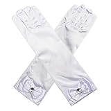 Husalsea Kinder lange Handschuhe, Schleife mit Diamanten Handschuhe, Prinzessin Satin Handschuhe, geeignet für Hochzeit Blumenmädchen, Geburtstag, Urlaub Feier, Kostüm Party Zubehör Handschuhe (Weiß)