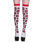 Strümpfe Spielkarten, Kniestrümpfe Damen mit Spielkartenmuster, Harlekin Strümpfe Kartenspiel, 1 Paar Spielkarten Overknee Strümpfe Rot Schwarz Weiß, für Karneval, Halloween, Schlafanzugparty