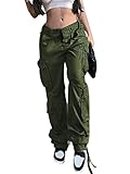 shownicer Cargohose Damen Low Waist Cargo Jeans Gerade Breites Bein Baggy Denim Hosen Y2k Aesthetic Vintage Jeanshosen 90er Streetwear A Grün M
