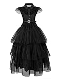 Ficlwigkis Wednesday Kostüm Damen Schwarz Kleid Karnival Kostüme Damen Wednesday Kostüme mit Halskette Ohrring Zubehör für Karnival Halloween Kostüm Damen (Style 1, 130)