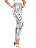 NewL Damenleggings, glänzend, metallisch, Sportleggings, helle Bleistifthose, Fitness, Mode, Jeggings, Bonbonfarben, Silber, L