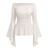 Odizli Mittelalter Kleidung Damen Gothic Steampunk Korsett Oberteil Schulterfrei Bluse Langarm Off Shoulder Top Viktorianisches Renaissance Wikinger Kostüm Halloween Karneval Faschingskostüme Weiß M