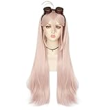 Anime Cosplay Kostüm Miu Iruma Perücke, Frauen Hellrosa Perücke mit Brille Synthetisches langes natürliches gewelltes Perückenhaar, mit Perückenkappe, für Halloween, Party, Karneval, Nachtleben