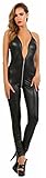 Miss Noir Overall im Wetlook Rückenfreier Playsuit 2-Wege-Reißverschluss Exklusives Clubwear, Schwarz, M/38