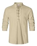 LVCBL Herren Mittelalter Hemd Leinen Viktorian Langarm Schnürhemd Khaki M