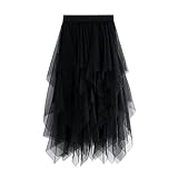 Damen Rock Tüll Unregelmäßig Unterrock Lagenrock Ballett Tutu Abschlussball Party Faltenkleid A-Linie Midirock High Waisted Rock (Schwarz, Einheitsgröße)