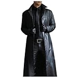Ledermantel Herren Lang Schwarz Männer Solide Trenchcoat Slim Kunstleder Leder Viktorianischen Cosplay Kostüm Distressed Herrenmantel Windjacke aus Kunstleder Winterjacke