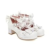 Frauen High Heels Mary Jane Pumps Kreuz Riemen Hochzeit Tee Party Weiß Rosa Schwarz Rüschen Schleife Dienstmädchen Prinzessin Cosplay Lolita Schuhe, weiß, 40.5 EU