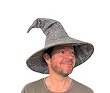 MIMIKRY Großer Gandalf Hobbit Zaubererhut mit gebogener Spitze Leder-Optik Grau Hexenhut Merlin Magier Hexe Hexer Zauberer Hut