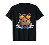 Funny Hippo with Sunglasses Cooles Nilpferd mit Sonnenbrille für lustiges Tierkostüm T-Shirt Schwarz Unisex Erwachsene, Unisex Kinder Kurzarm T-Shirt Small