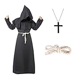 Formemory Priester Kostüm Herren Cosplay,Hooded Mönch Kostüm mit Ornament Taillenseil Halloween Cosplay (Schwarz, XXL)