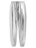 FYMNSI Herren Gl�nzende Metallic Hose PU Leder Wetlook Glitzer Jogginghose Nachtclub Disco Hosen Kordelzug Elastische High Waist 80er 90er Jahre Kost�m Festival Hip Hop Tanzkleidung Silber S